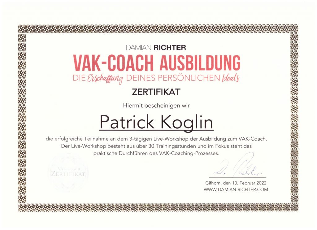 Zertifitkat der VAK-Coachingausbildung 